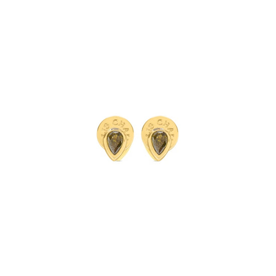 Pear drop gold plated stud earrings with olive stone