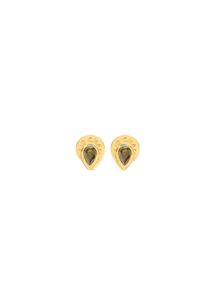 Pear drop gold plated stud earrings with olive stone
