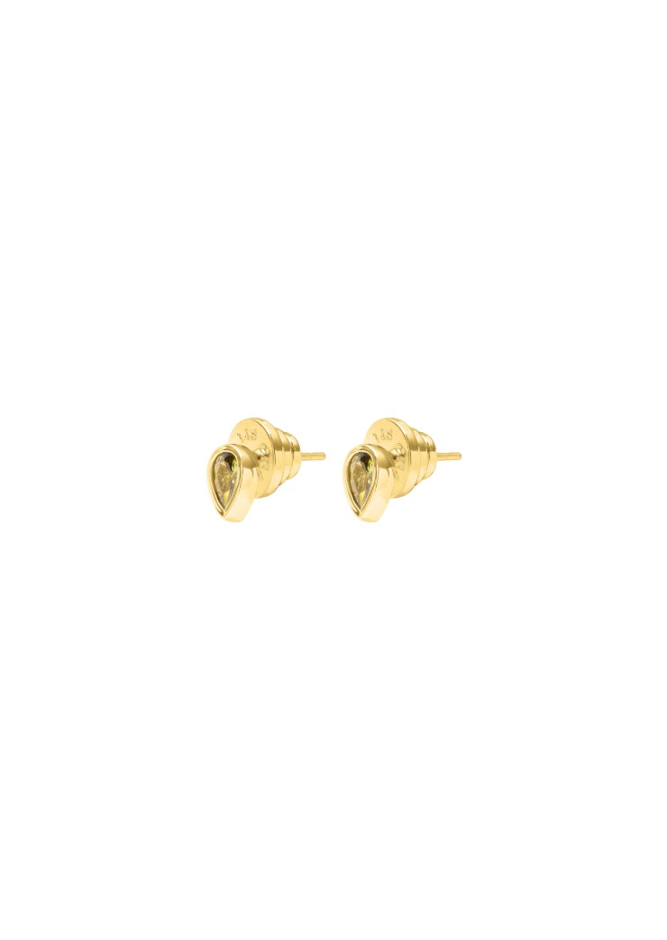 Pear drop gold plated stud earrings with olive stone
