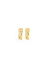 A pair of gold huggie hoop earrings with cz stones and a cross over style 