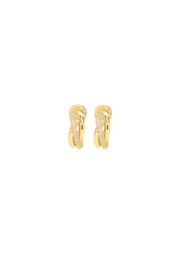 A pair of gold huggie hoop earrings with cz stones and a cross over style 