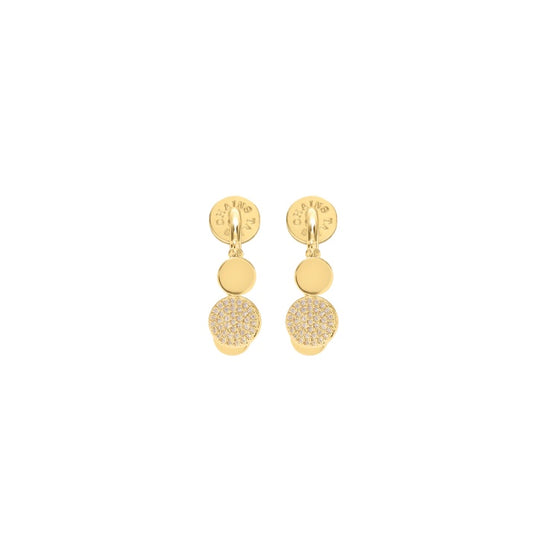A pair of gold dangle earrings with a textured disc, a solid gold disc, and a small gold disc at the bottom.