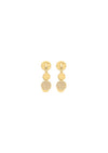 A pair of gold dangle earrings with a textured disc, a solid gold disc, and a small gold disc at the bottom.