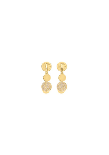 A pair of gold dangle earrings with a textured disc, a solid gold disc, and a small gold disc at the bottom.