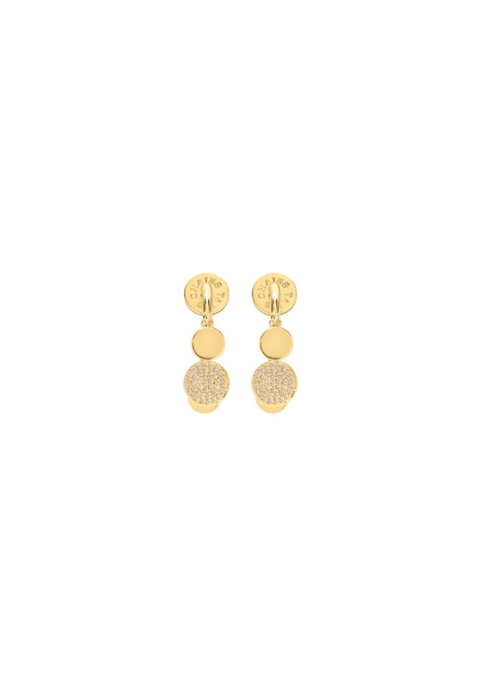 A pair of gold dangle earrings with a textured disc, a solid gold disc, and a small gold disc at the bottom.