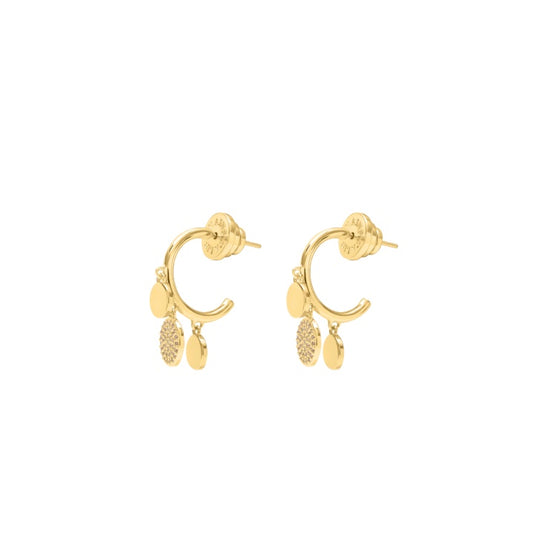 A pair of gold dangle earrings with a textured disc, a solid gold disc, and a small gold disc at the bottom.