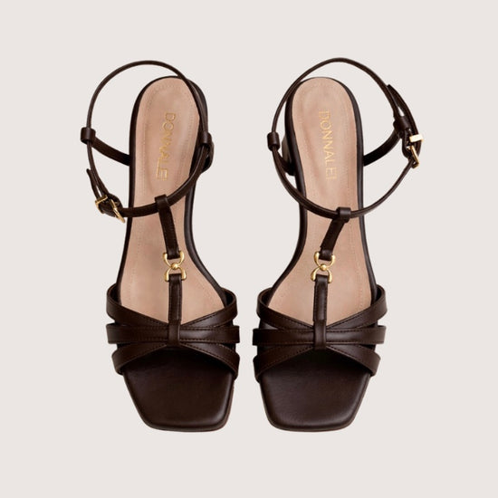 Pair of brown sandals with gold straps on a light beige background