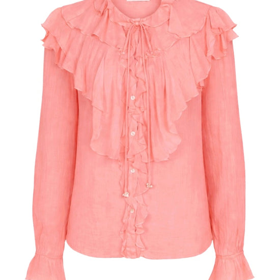 Pink blouse with ruffled details on a white background