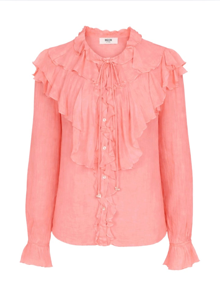 Pink blouse with ruffled details on a white background
