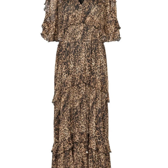 Leopard print dress with ruffled sleeves on a white background