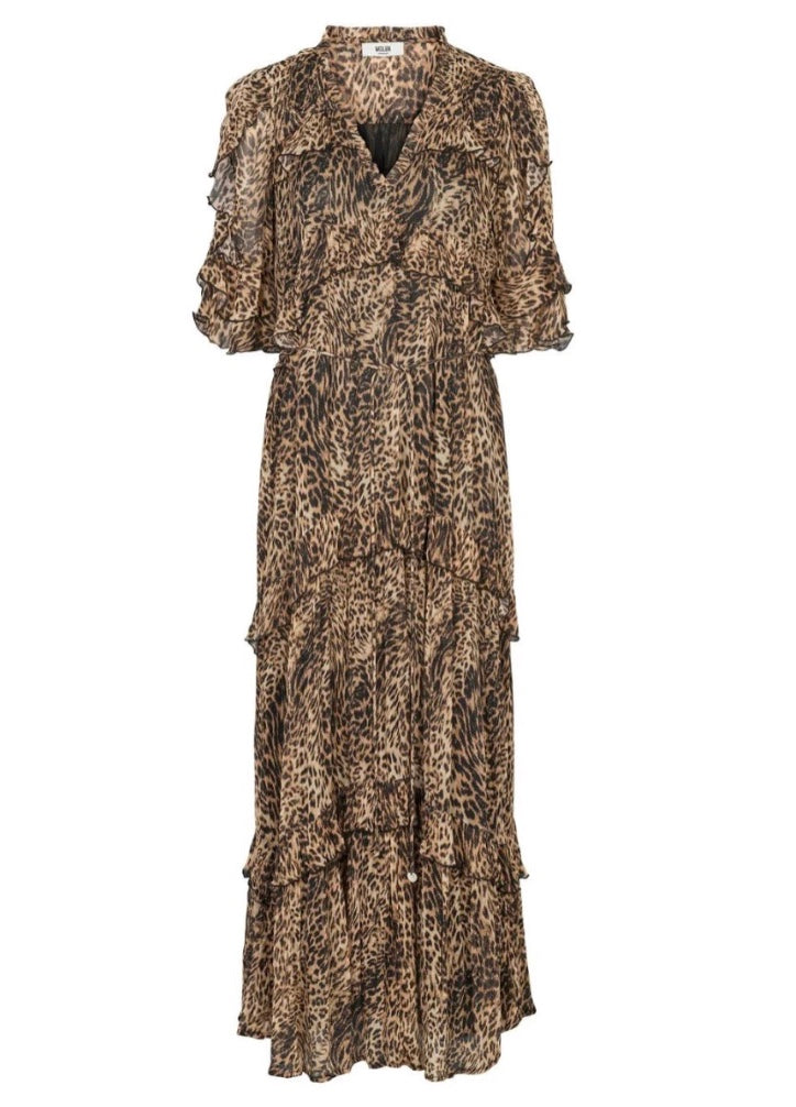 Leopard print dress with ruffled sleeves on a white background