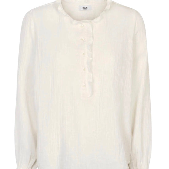 White shirt with ruffle collar and long sleeves with elasticated cuff