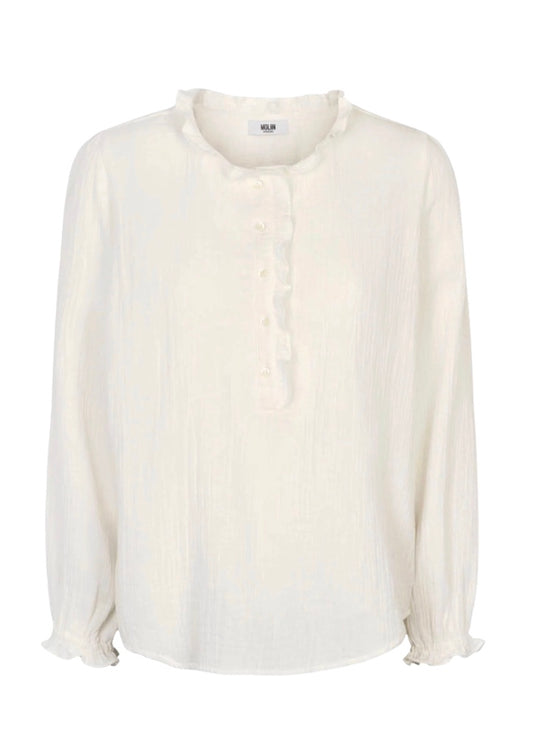 White shirt with ruffle collar and long sleeves with elasticated cuff