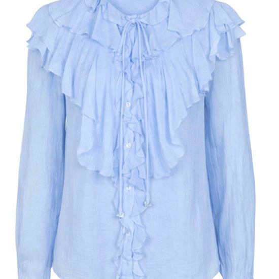 Pale Blue semi sheer shirt with ruffle details and long sleeves