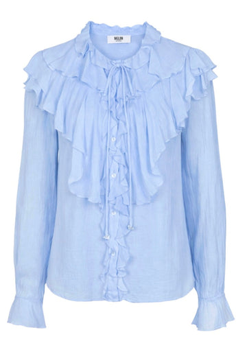 Pale Blue semi sheer shirt with ruffle details and long sleeves
