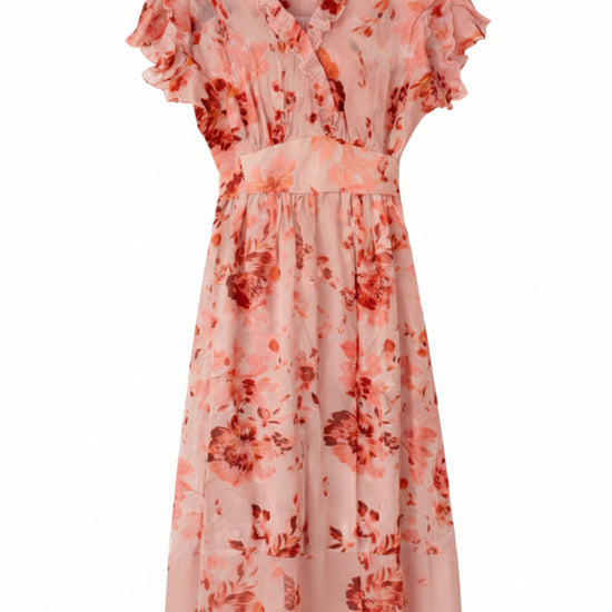 pink Floral dress with ruffled sleeves  and a belted waist band 