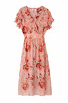 pink Floral dress with ruffled sleeves  and a belted waist band 