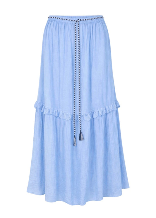 pink floaty long skirt in a baby hydranga blue 