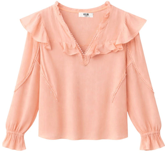 Pink blouse with ruffled details on a white background