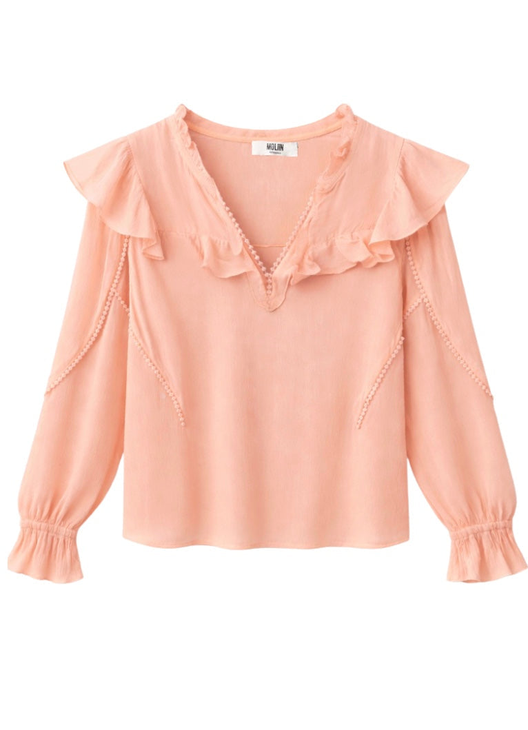 Pink blouse with ruffled details on a white background