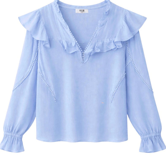 Light blue blouse with ruffled details on a white background