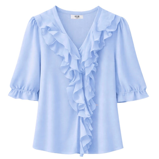 light blue short sleeve ruffled blouse 