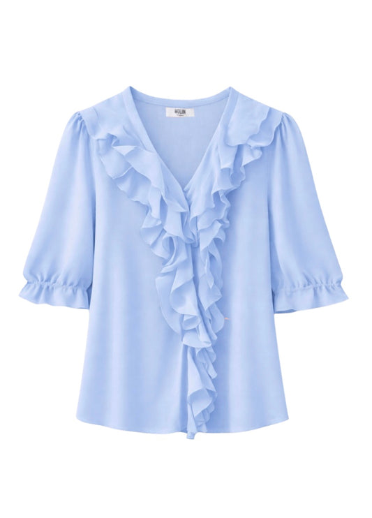 light blue short sleeve ruffled blouse 