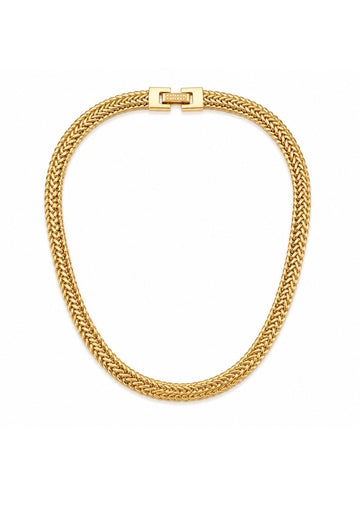 A gold braided chain necklace with a rectangular clasp