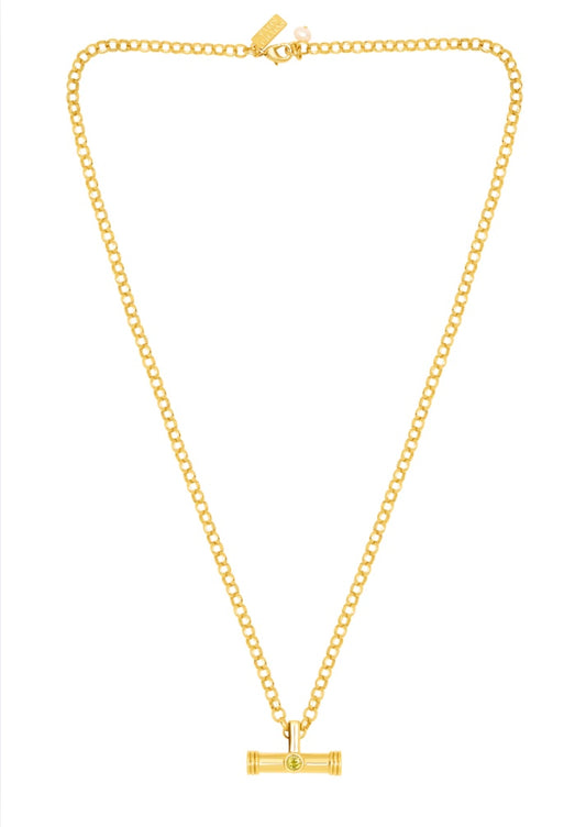 ball chain necklace with a t-bar pendant featuring olive cz  stone