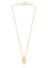 textured gold chain with protective hand pendent in a smokey quartz colour
