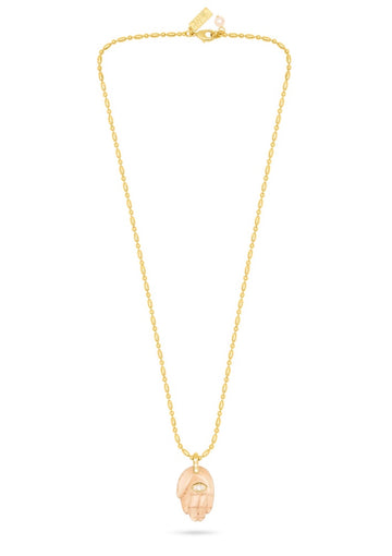 textured gold chain with protective hand pendent in a smokey quartz colour