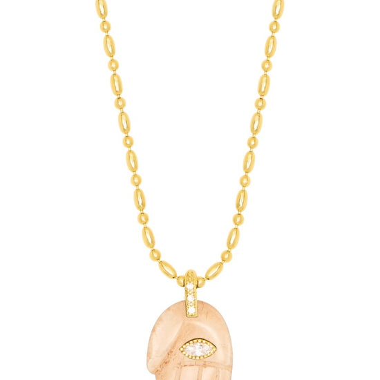 textured gold chain with protective hand pendent in a smokey quartz colour