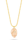 textured gold chain with protective hand pendent in a smokey quartz colour