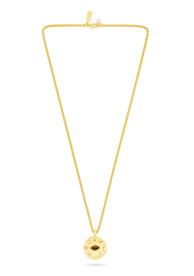 gold pendant necklace with tigers eye details 