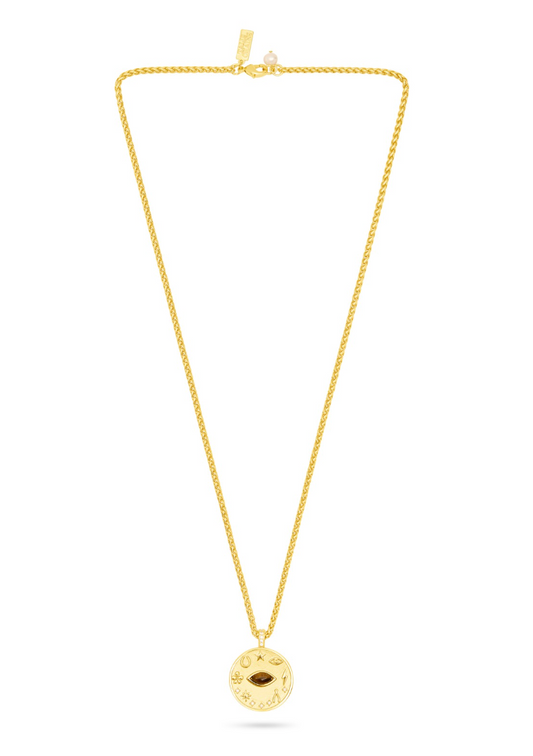 gold pendant necklace with tigers eye details 