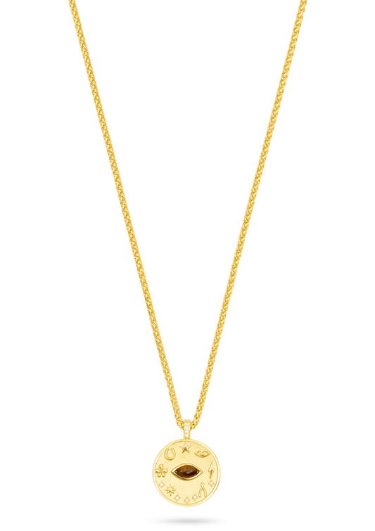 gold pendant necklace with tigers eye details 