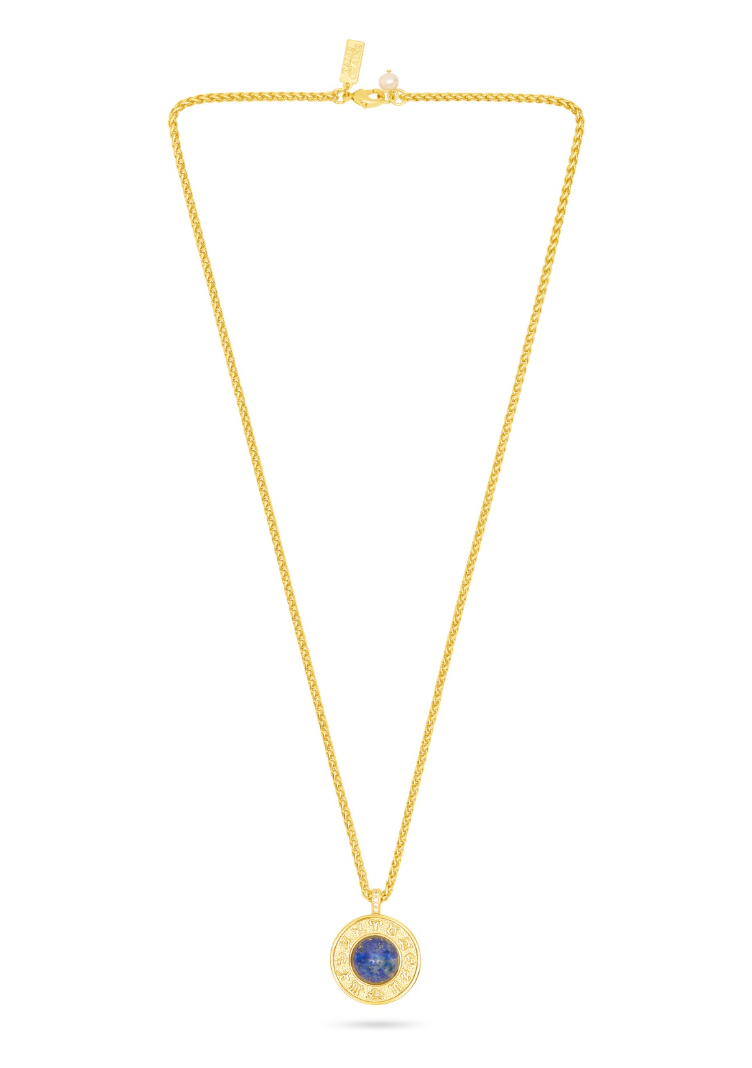gold pendant necklace with blue lapis detail