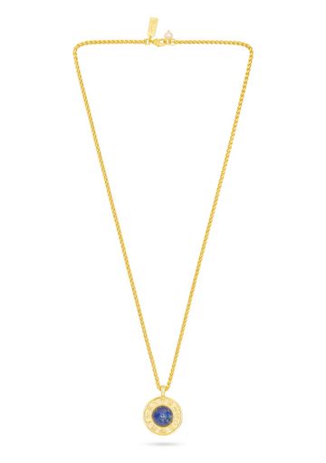 gold pendant necklace with blue lapis detail