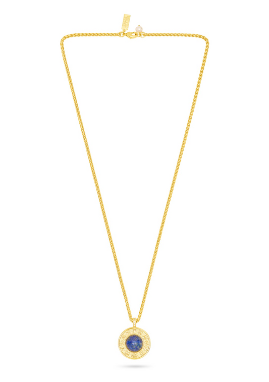 gold pendant necklace with blue lapis detail