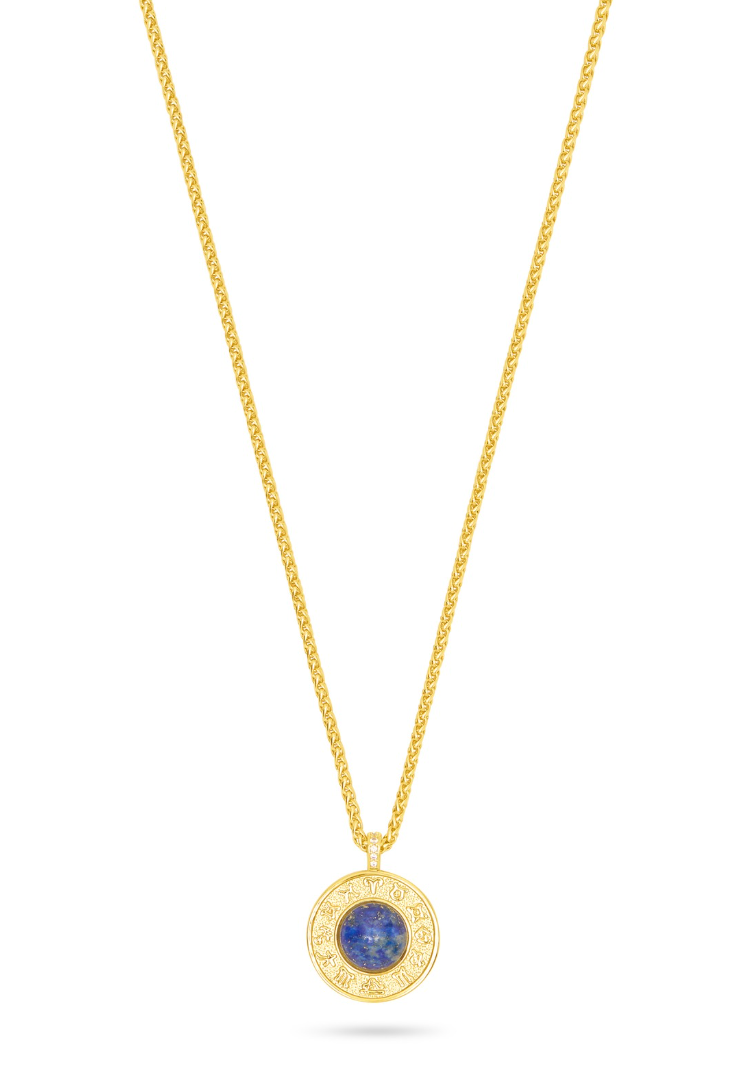 gold pendant necklace with blue lapis detail