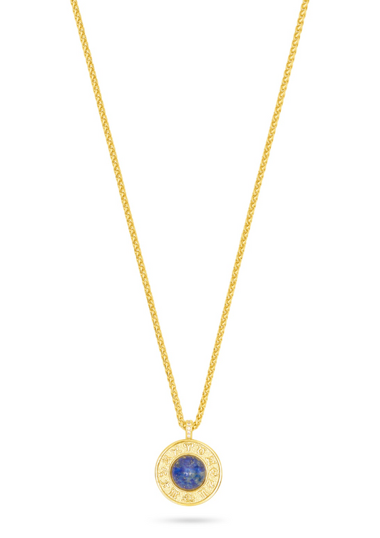 gold pendant necklace with blue lapis detail
