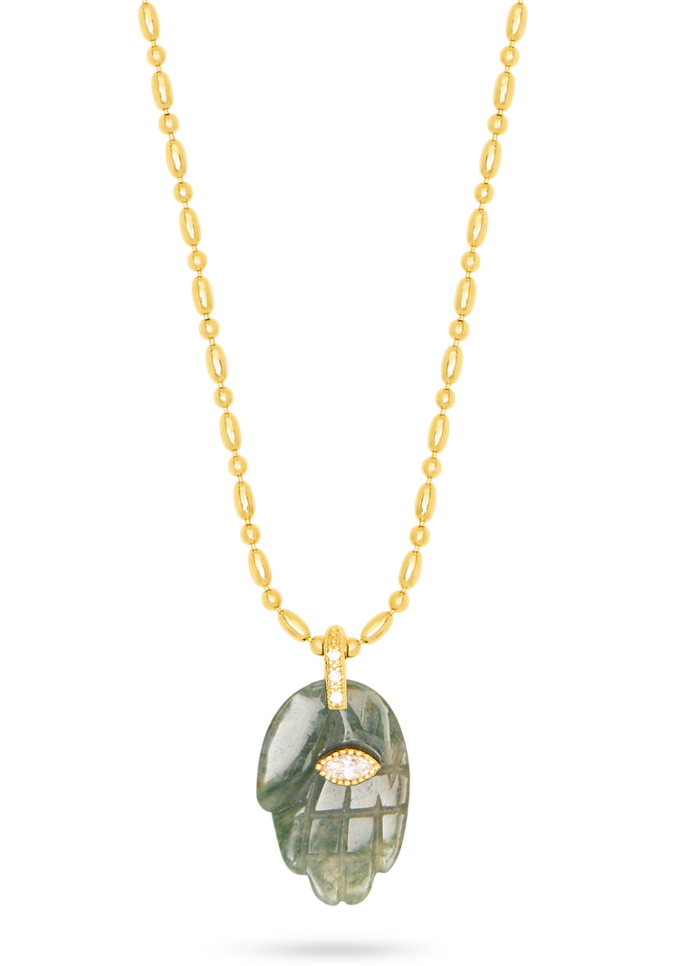 textured gold chain with protective hand pendent in a indian green