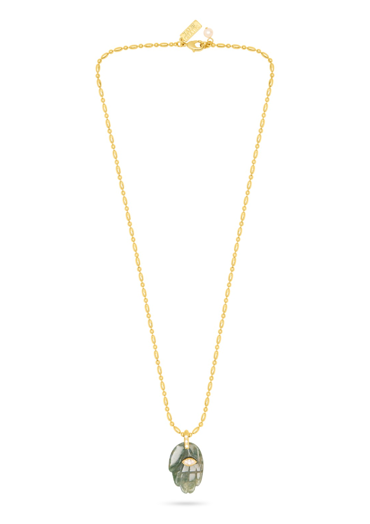 textured gold chain with protective hand pendent in a indian green