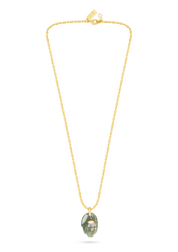 textured gold chain with protective hand pendent in a indian green