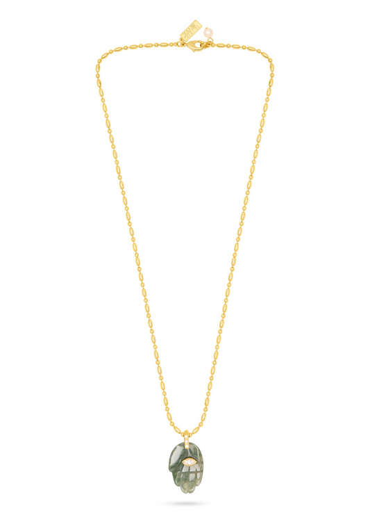 textured gold chain with protective hand pendent in a indian green