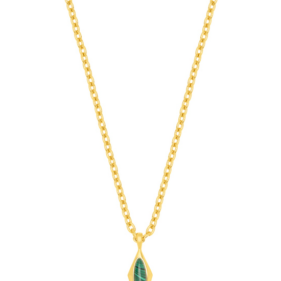 A gold chain necklace with a diamond-shaped pendant featuring a green stone.