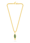 A gold chain necklace with a diamond-shaped pendant featuring a green stone.