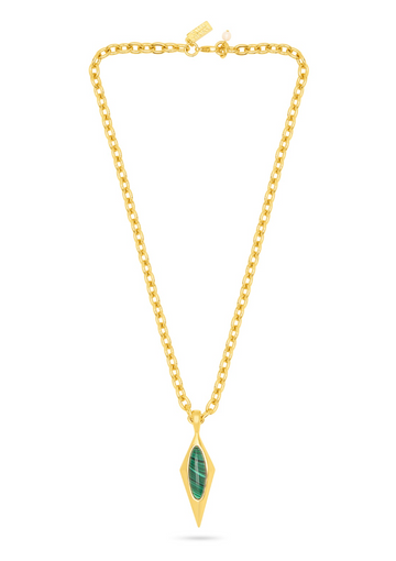 A gold chain necklace with a diamond-shaped pendant featuring a green stone.