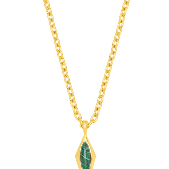 A gold chain necklace with a diamond-shaped pendant featuring a green stone.