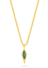 A gold chain necklace with a diamond-shaped pendant featuring a green stone.